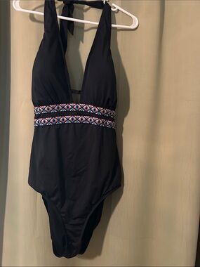 Worn once- Bar III Black One-Piece Swimsuit with Multicolor Beaded Waistband